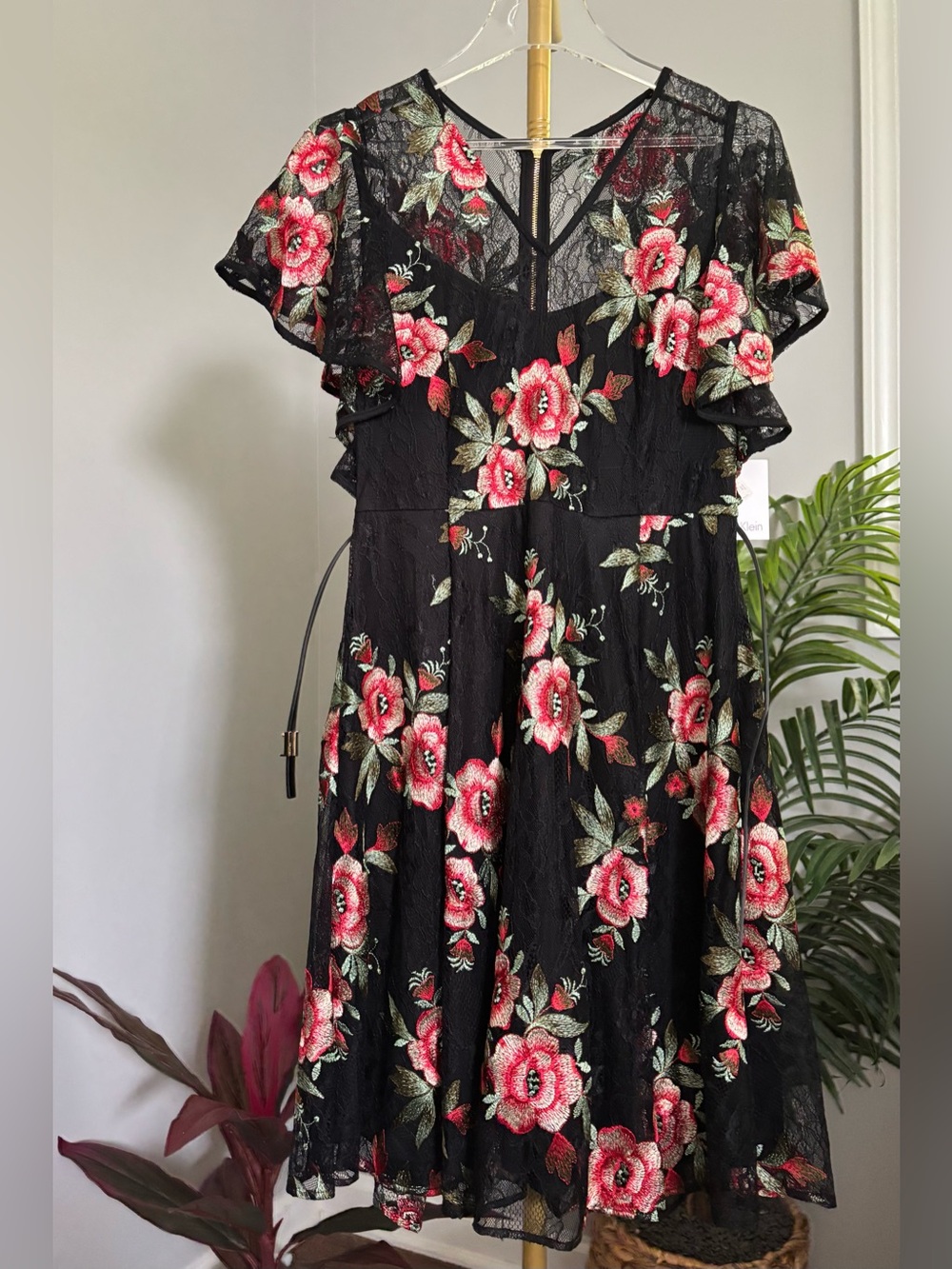 Calvin Klein Black Lace Midi Dress with Red Rose Print NWT